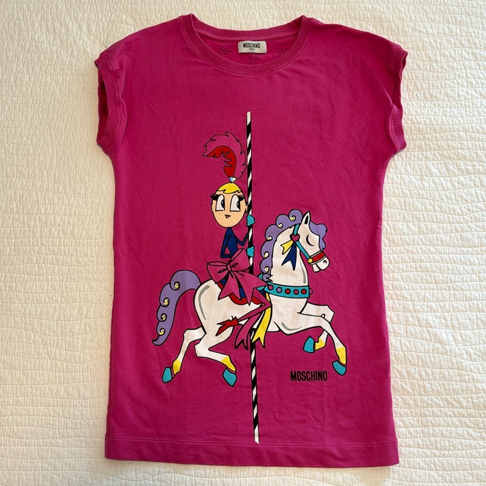 Moschino Teen Pink Dress Girl on carousel horse rhinestones